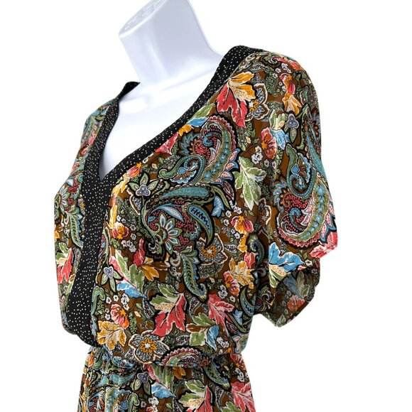 DR2 Paisley Floral Print Romper V-Neck Short Sleeve Black Multi-Color Size Large - Picture 5 of 12